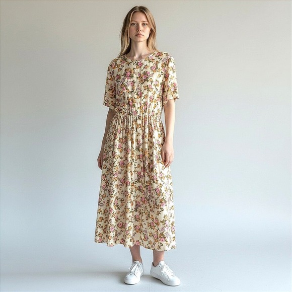 Ronni Nicole Dresses & Skirts - Vintage Ronni Nicole Floral Rayon Midi Dress Short‎ Sleeve Cream Sz 16 NWT 80s